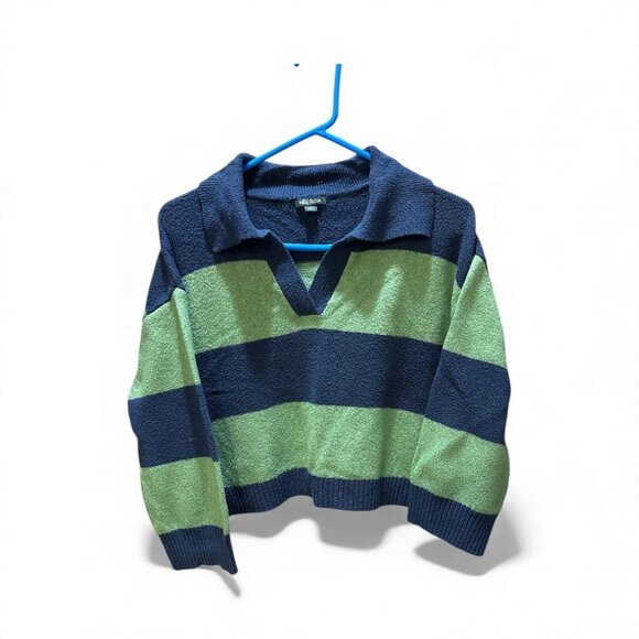 Wild Fable Green & Navy Striped Collared Sweater Top S Polyester/Cotton - Picture 2 of 4